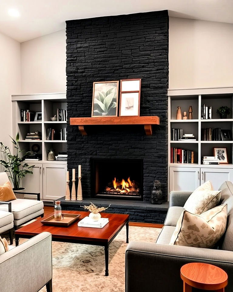 20 Black Stone Fireplace Ideas To Make A Statement pertaining to The Simple 1-to-1 Mix That Transforms Dark Stone Fireplaces