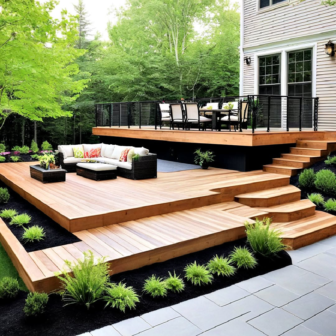 Multi Tiered Deck For Varied Spaces - 25 Ground Level Deck Ideas For ... throughout Second Story Deck Plans Pictures