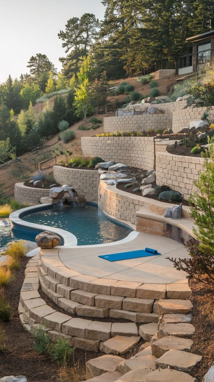 60+ Stunning Sloped Backyard Ideas With Retaining Walls And Pools You ... within Inground Pool With Retaining Wall