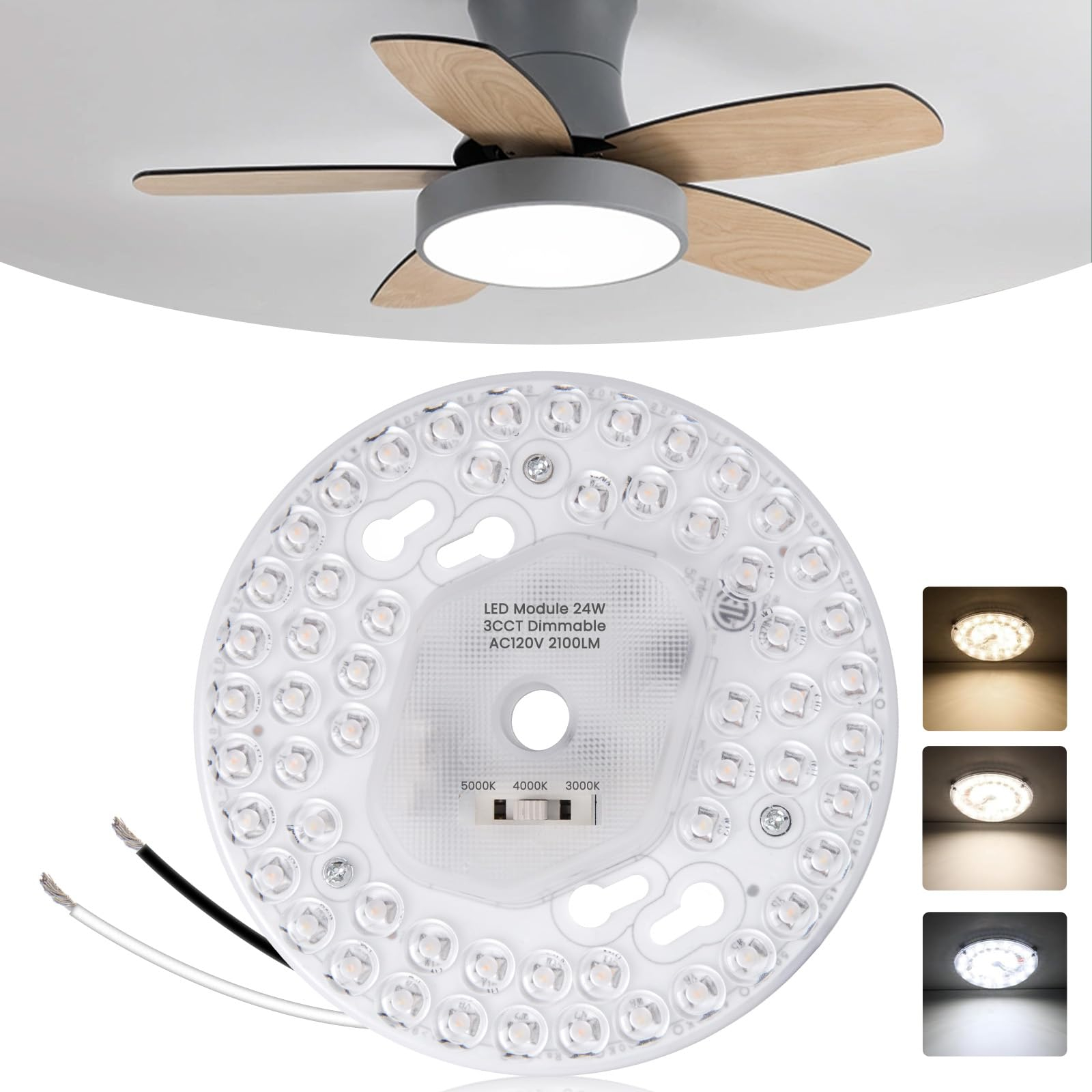 Tobebright Led Light Engine Retrofit, 5.1Inch 24W 2100Lm, 3Cct 3000K ... for Outdoor Ceiling Fan No Light