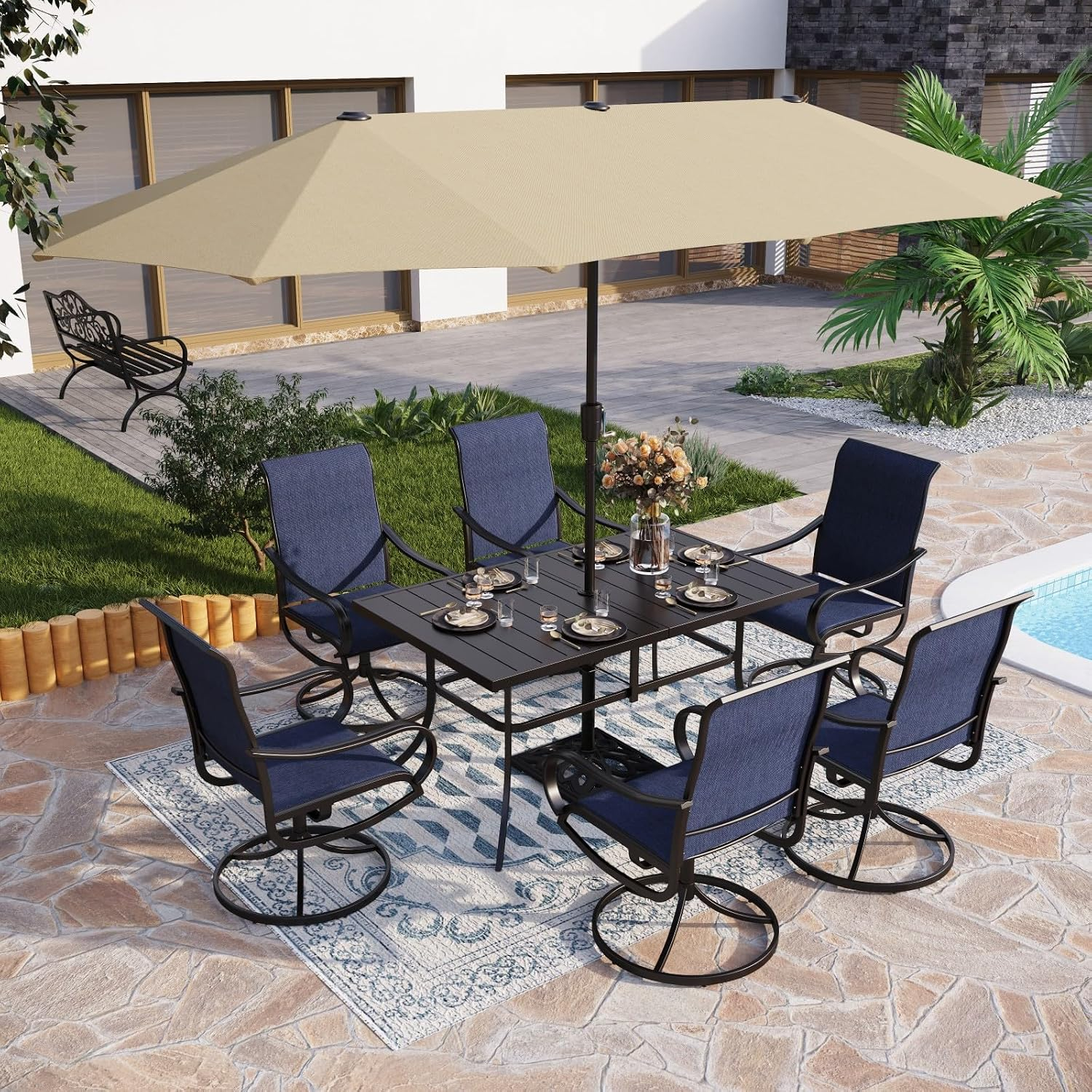 Amazon.com: Phi Villa 8 Piece Patio Dining Set With 13Ft Patio Umbrella ... intended for Outdoor Side Table With Umbrella Hole