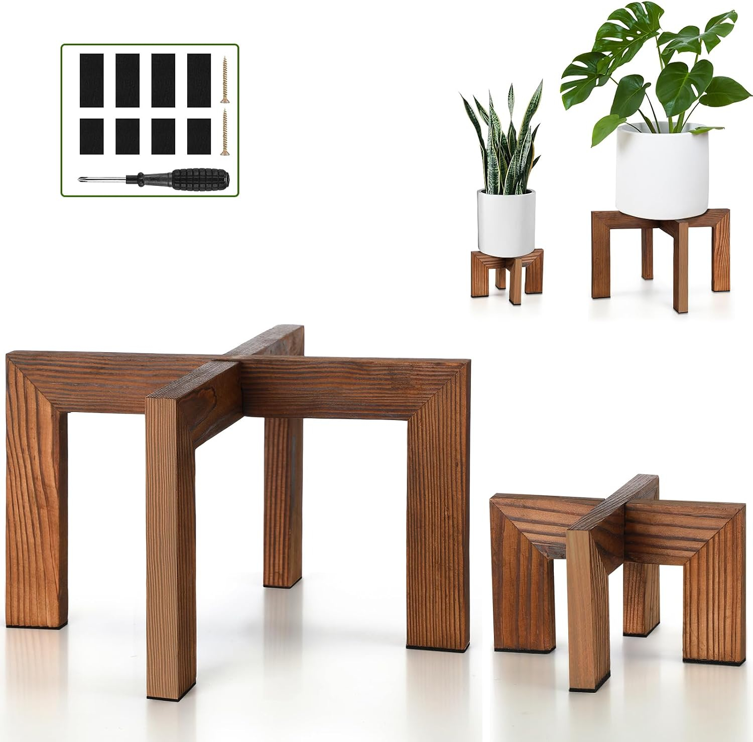 Amazon.com : Wonderjune 2 Pcs Wood Plant Stands Indoor Mid Century ... pertaining to Wooden Outdoor Plant Stand Diy