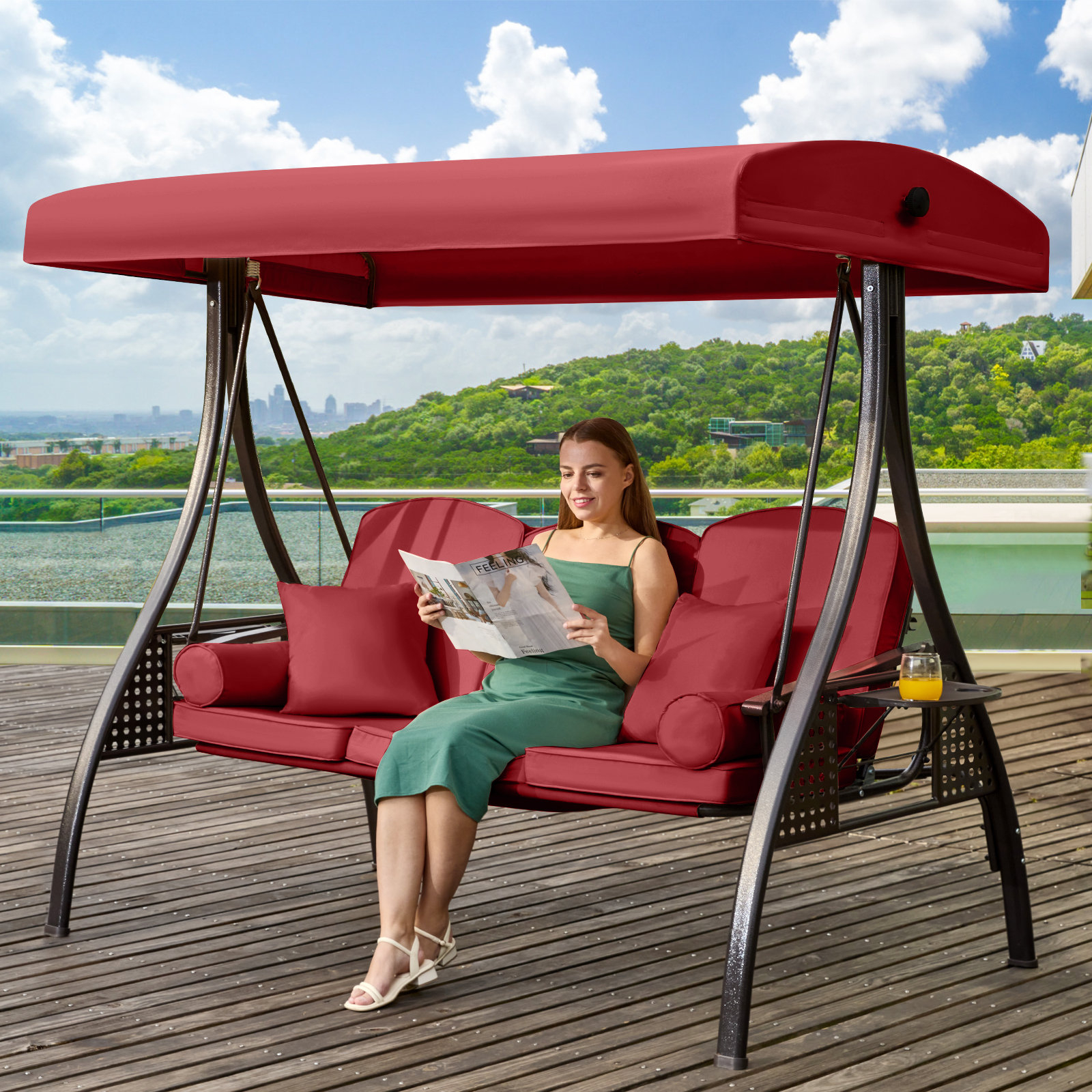 Arlmont & Co. 3-Seat Patio Porch Swing With Adjustable Canopy - Outdoor ... throughout Outdoor Lounge Chair With Canopy