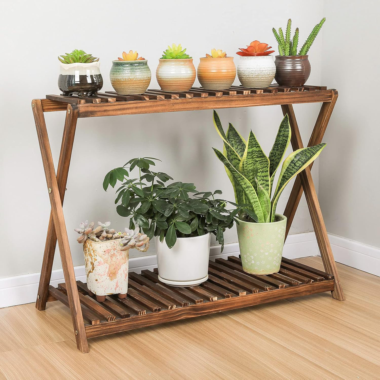Gracie Oaks Wooden Plant Stand Indoor 2 Tier Narrow Plant Stand Outdoor ... inside Wooden Outdoor Plant Stand Diy