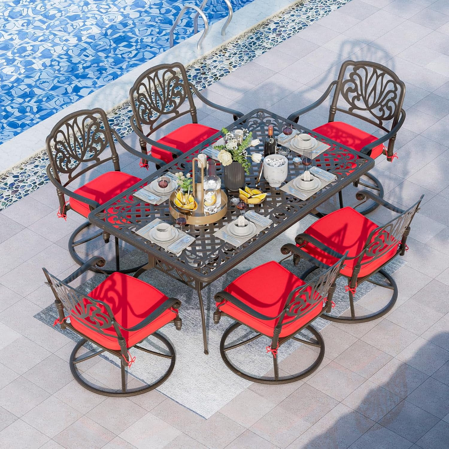 Magic Union, 7 Piece Cast Aluminum Outdoor Patio Dining Set, Bronze ... with Aluminum Outdoor Dining Set Pros And Cons