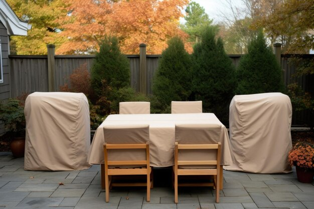 Premium Ai Image | Patio Furniture Covers Protecting Outside Chairs And ... inside Protecting Your Outdoor Dining Table Through Every Season of Strong Sunlight