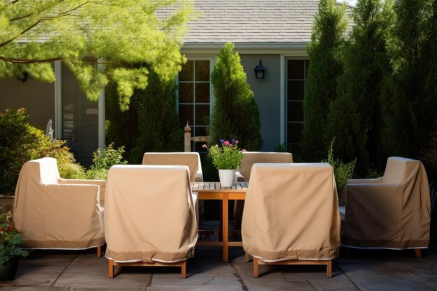 Premium Ai Image | Patio Furniture Covers Protecting Outside Chairs And ... with How To Protect Outdoor Dining Table From Sun