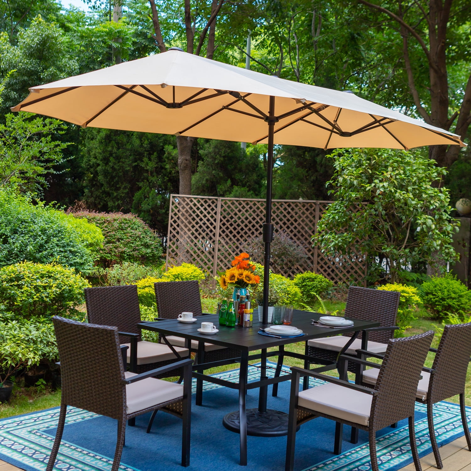 Summit Living Large 13Ft Double-Sided Outdoor Patio Umbrella In Beige ... pertaining to Why Homeowners Are Rethinking Traditional Patio Furniture in favor of Integrated Umbrella Tables