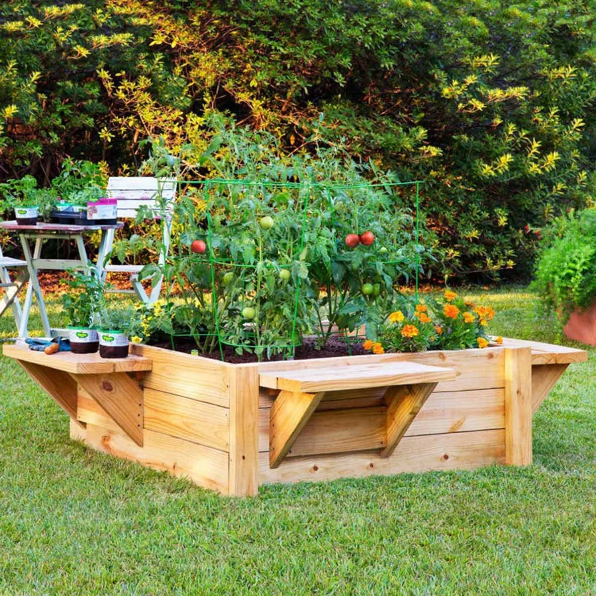 Wooden Planter Pot in Rustic Outdoor Plant Stand Table